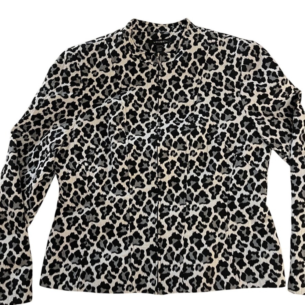 Louben Womens Leopard Print Zip Front Jacket‎ Mock Neck Grey Black White Size 12